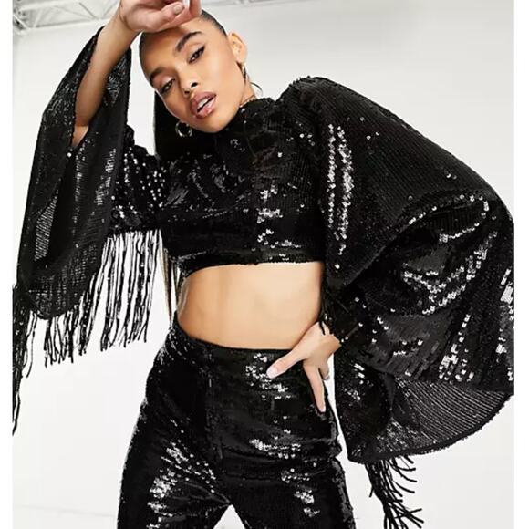 ASOS Tops - ASOS LUXE Sequin Fringe Bell Sleeve Top Open Back Black {LL1}